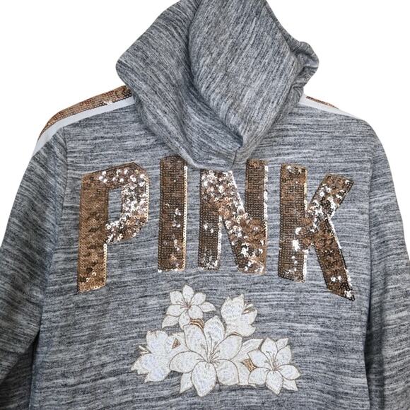 PINK Victoria's Secret Women's M Gray Sequined Zip Front Hoodie Jacket - Picture 4 of 8